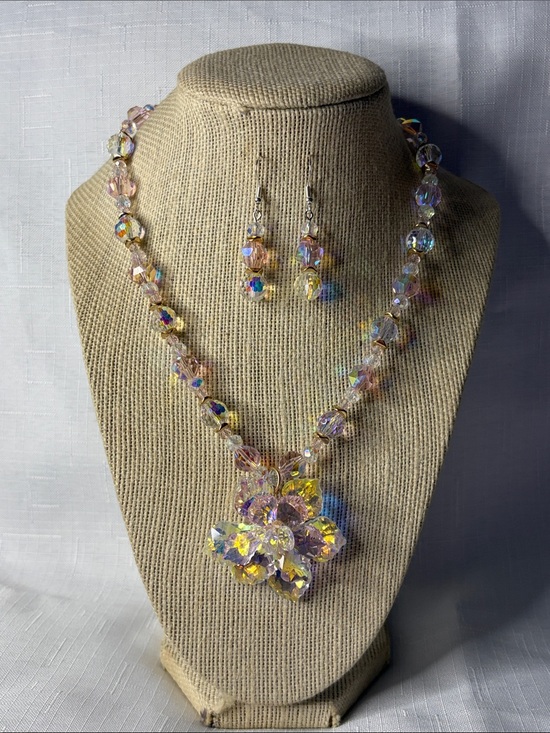 Real Diehl Jewelry Jewelry - Aurora Crystal Flower Pendant Necklace with Matching Earrings - Pink/Gold Hues
